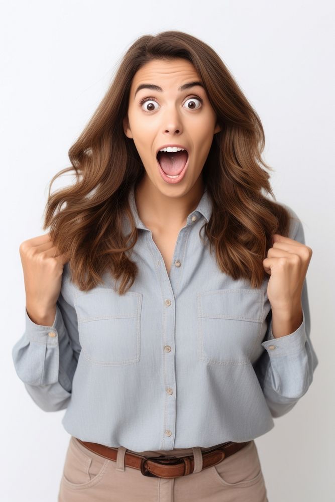 A Young european woman in casual costume feeling shocked with surprise expression blouse white background frustration.