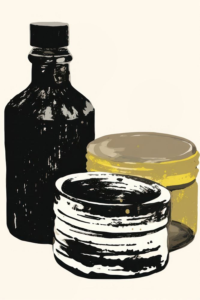 Illustratio the 1970s of essential oil bottle black jar.