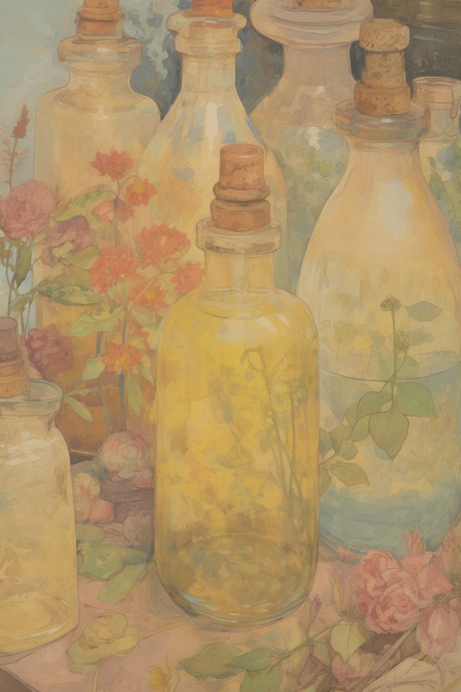 Illustratio the 1970s of essential oils painting bottle vase.