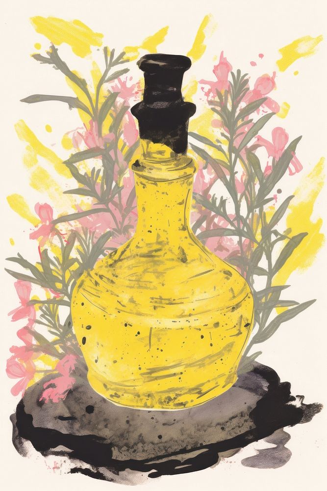 Illustratio the 1970s of essential oils painting bottle plant.