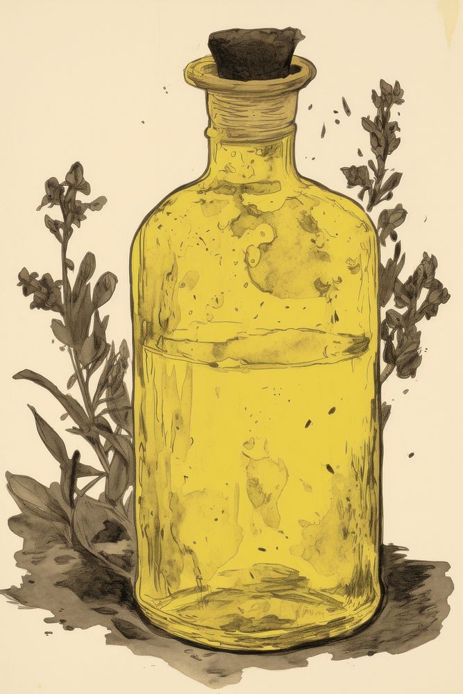 Illustratio the 1970s of essential oils painting bottle drink.