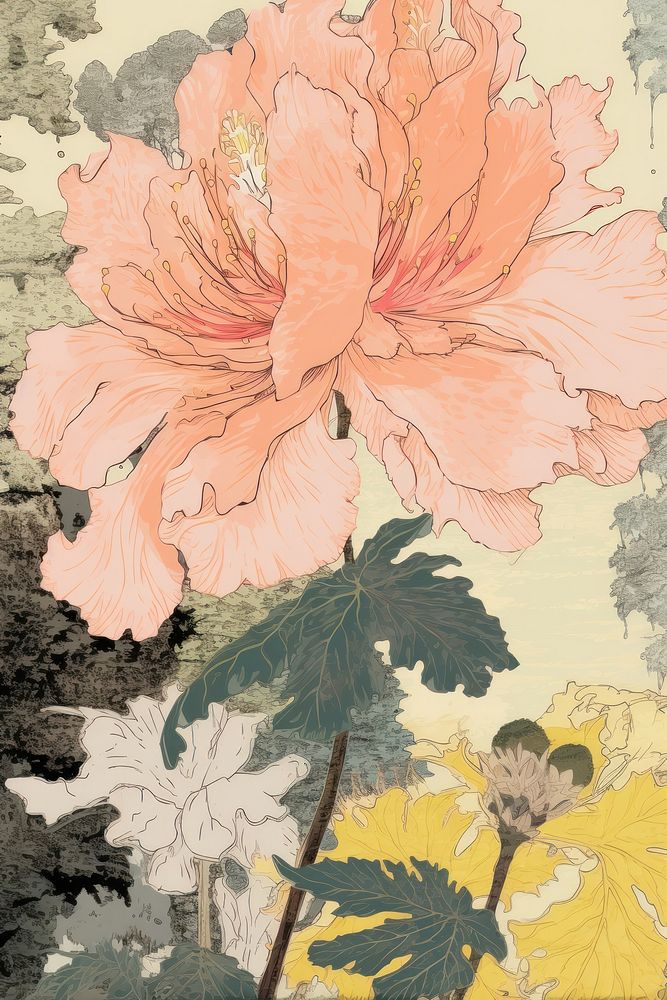 Illustratio the 1970s of tropical flower backgrounds hibiscus painting.