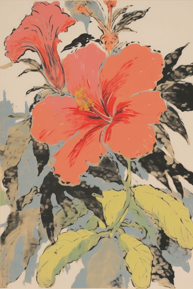 Illustratio the 1970s of tropical flower hibiscus plant red.