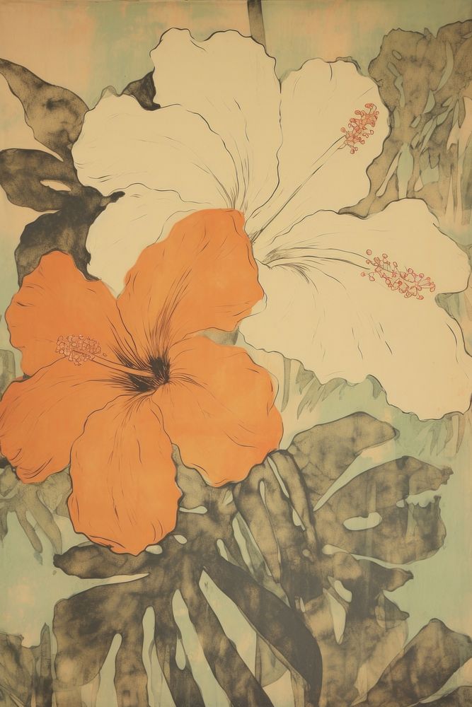 Illustratio the 1970s of tropical flower hibiscus painting plant.
