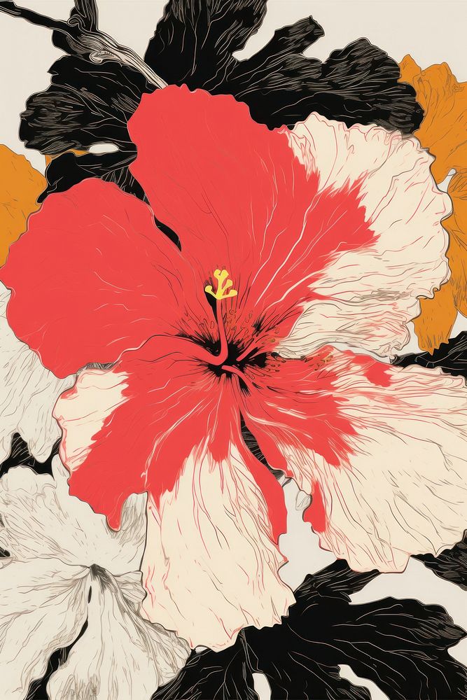 Illustratio the 1970s of tropical flower hibiscus petal plant.