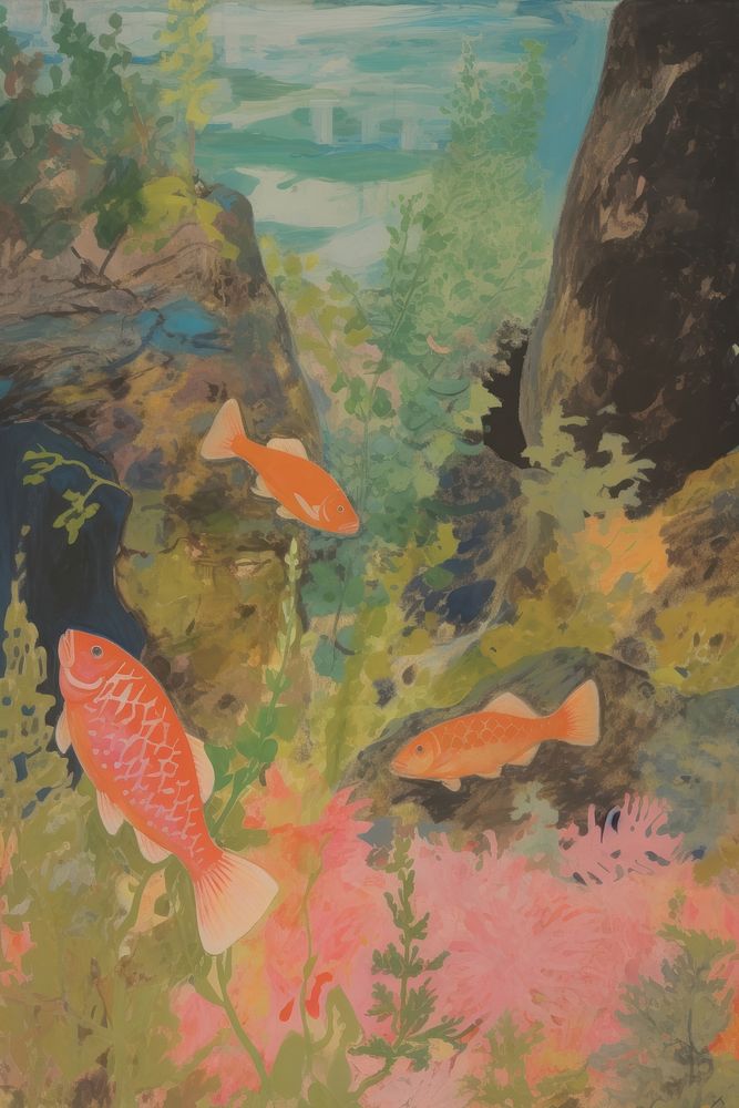 Illustratio the 1970s of underwater painting animal fish.