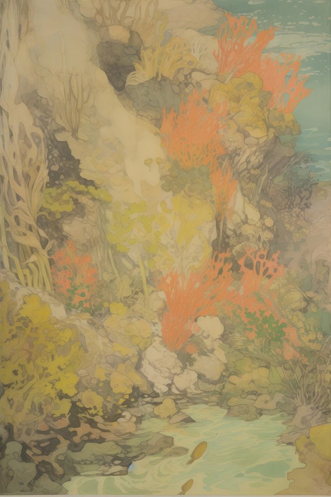 Illustratio the 1970s of underwater textured painting art.