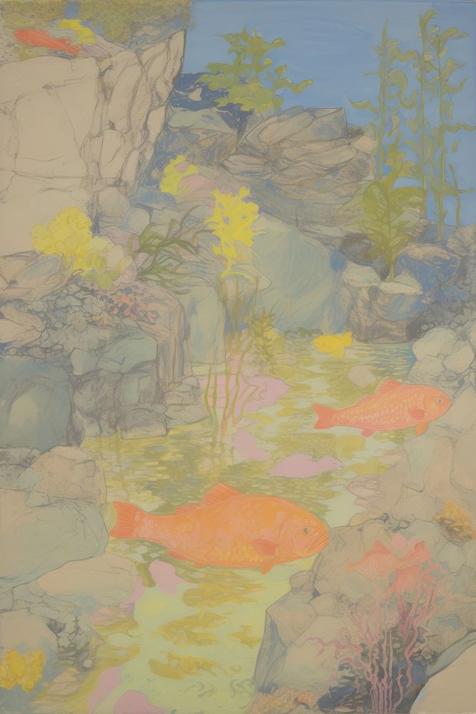 Illustratio the 1970s of underwater painting art tranquility.