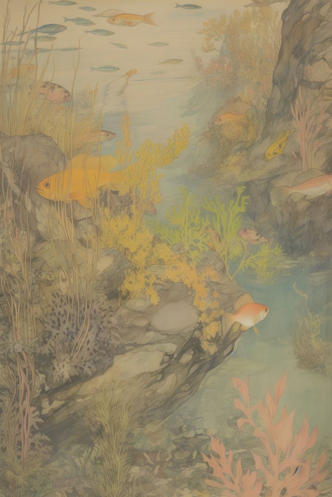 Illustratio the 1970s of underwater painting art macrocystis.