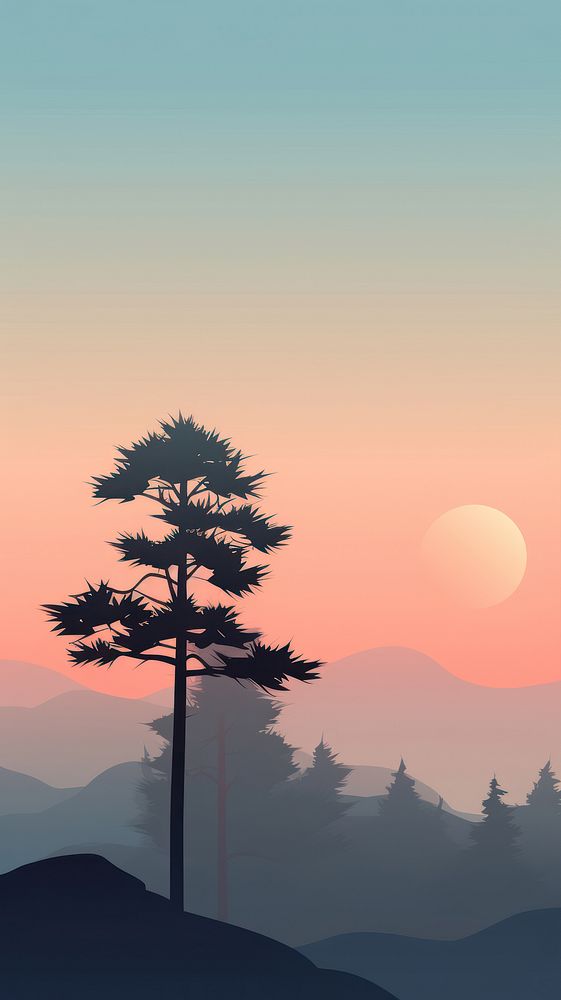 Phone wallpaper Silhouette Pine Tree Forest.