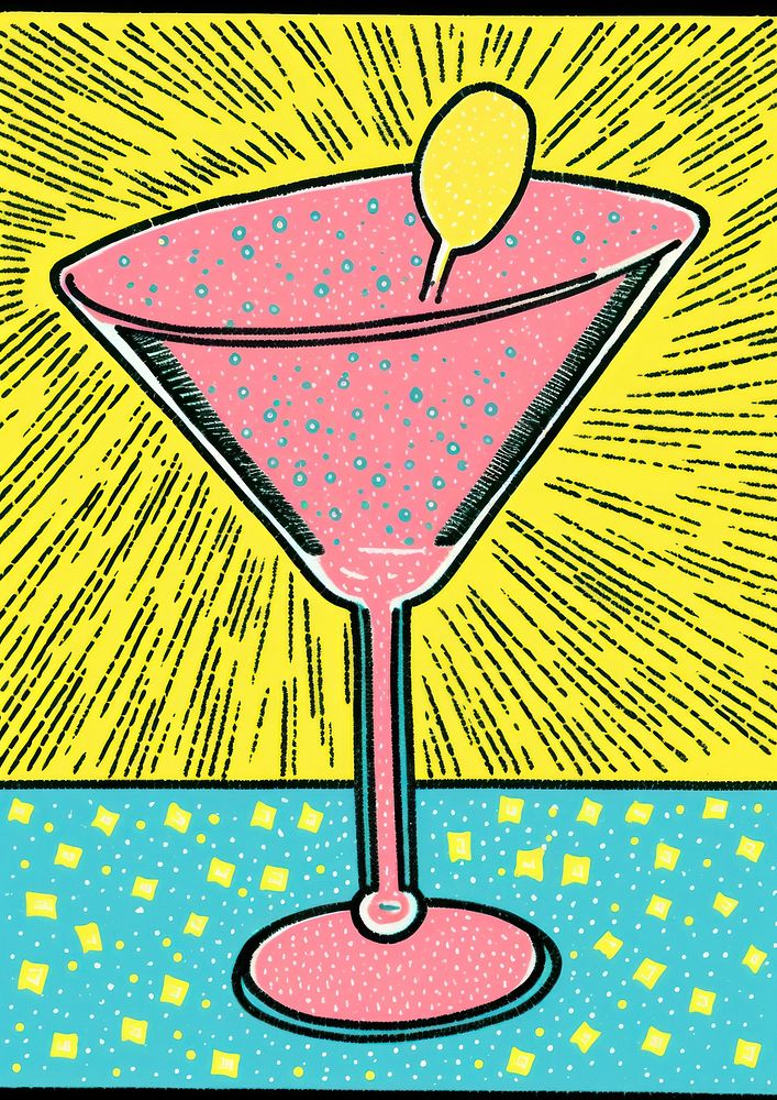 Comic of cocktail glass on a table martini drink cosmopolitan.