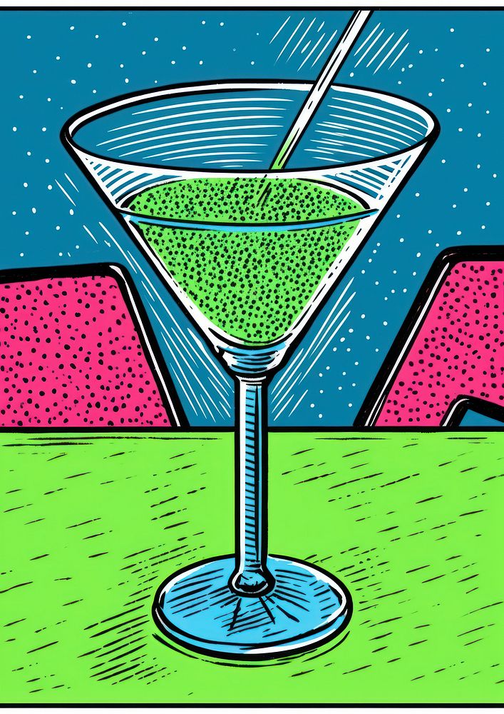 Comic of cocktail glass on a table martini drink cosmopolitan.