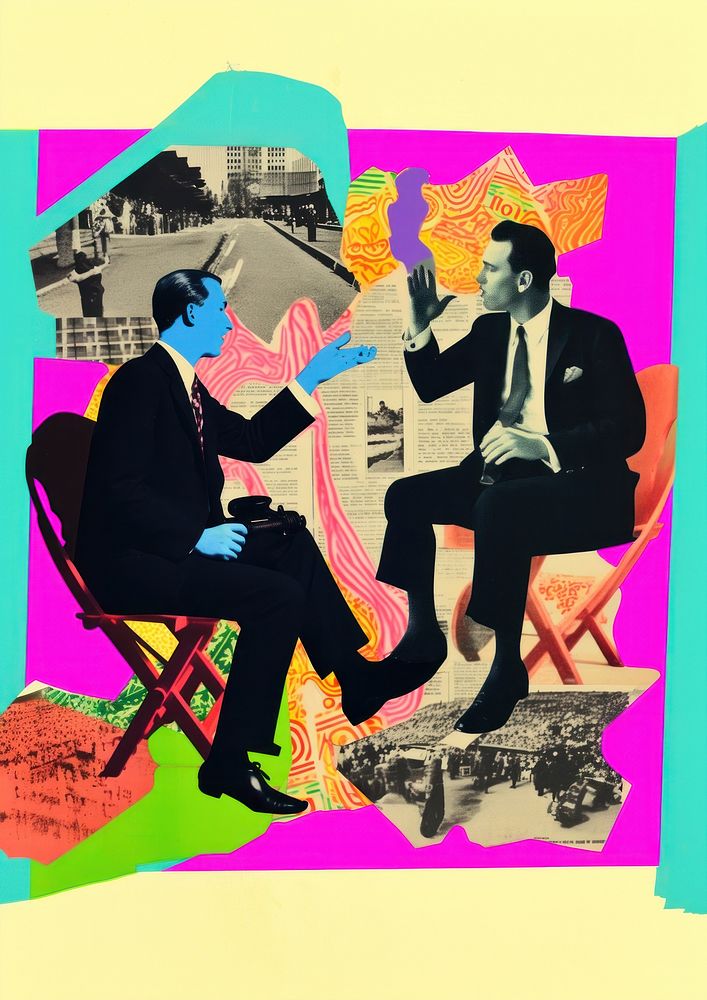 2 business man talking collage art advertisement.