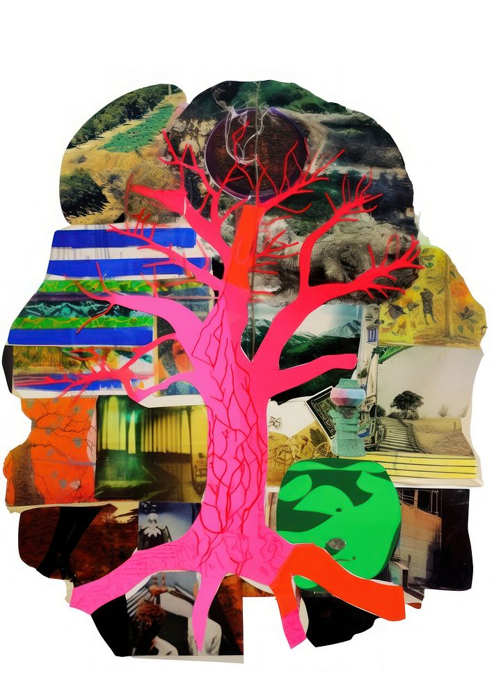 Tree icon collage art painting.