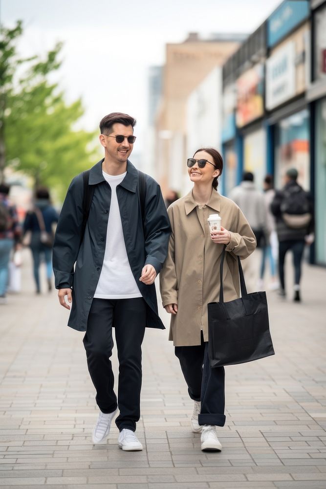 A adult couple walking in the street snapshot handbag glasses.