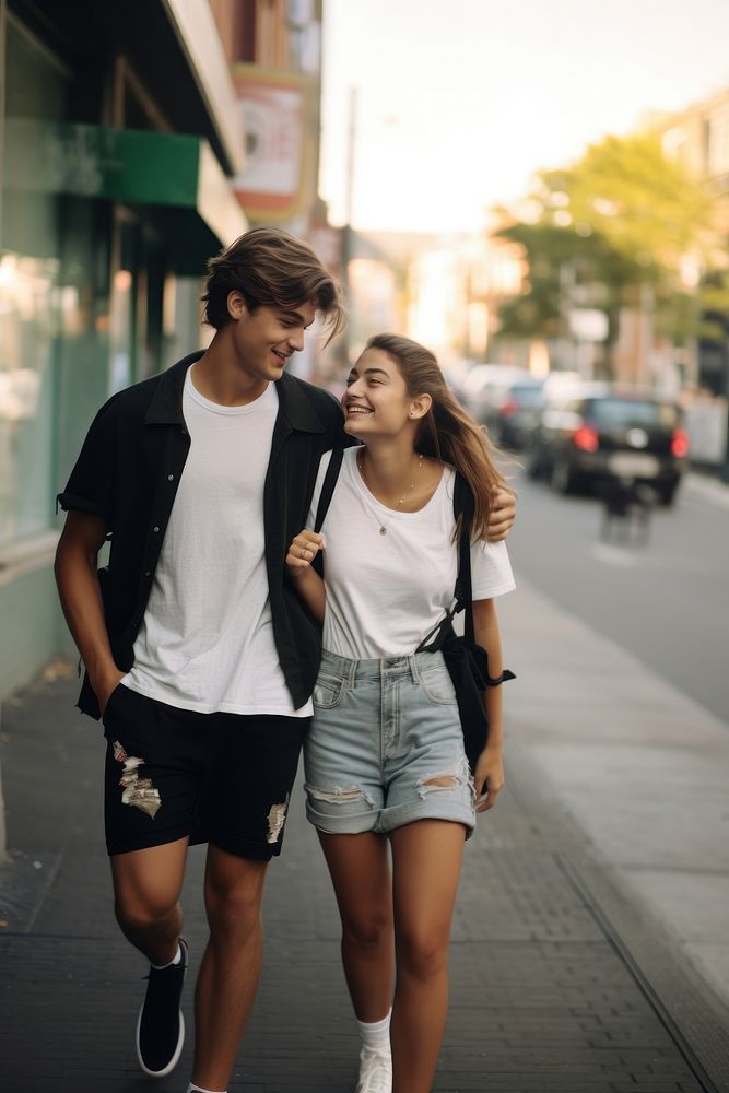A teen couple walking in the street footwear snapshot shorts.