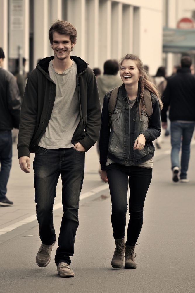 A teen couple walking in the street footwear jacket adult.