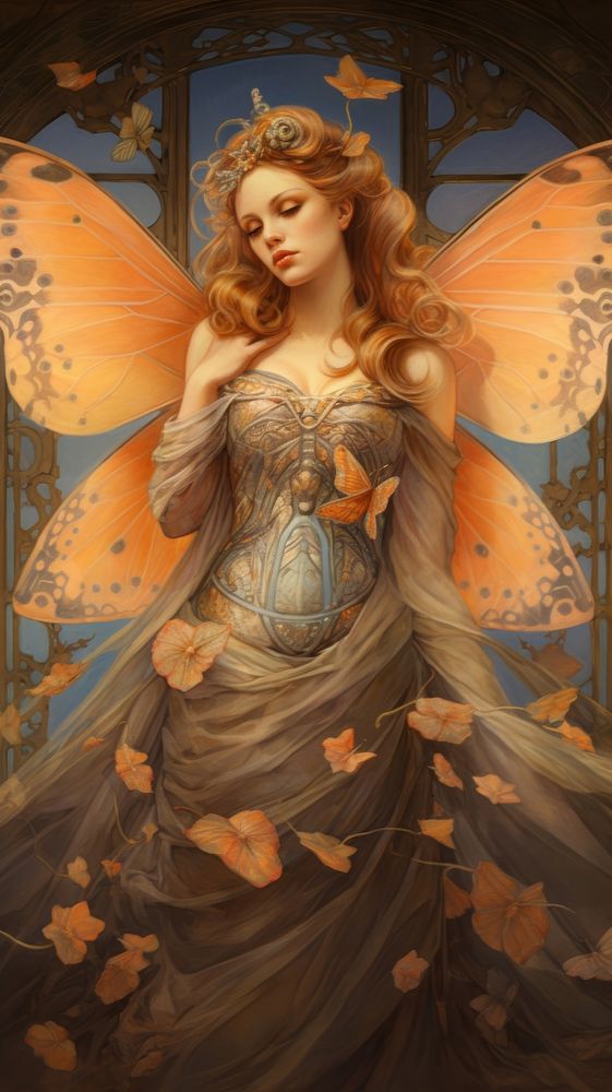An art nouveau drawing of a butterfly painting fairy angel.