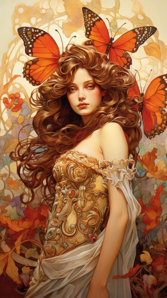 An art nouveau drawing of a butterfly painting portrait fairy.