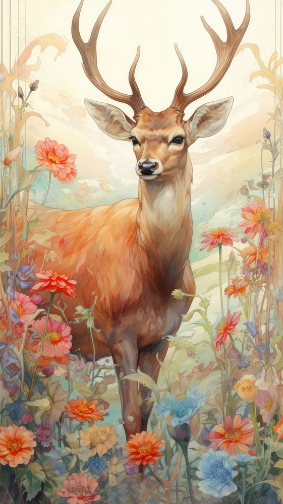 An art nouveau drawing of a deer in flower field wildlife painting animal.