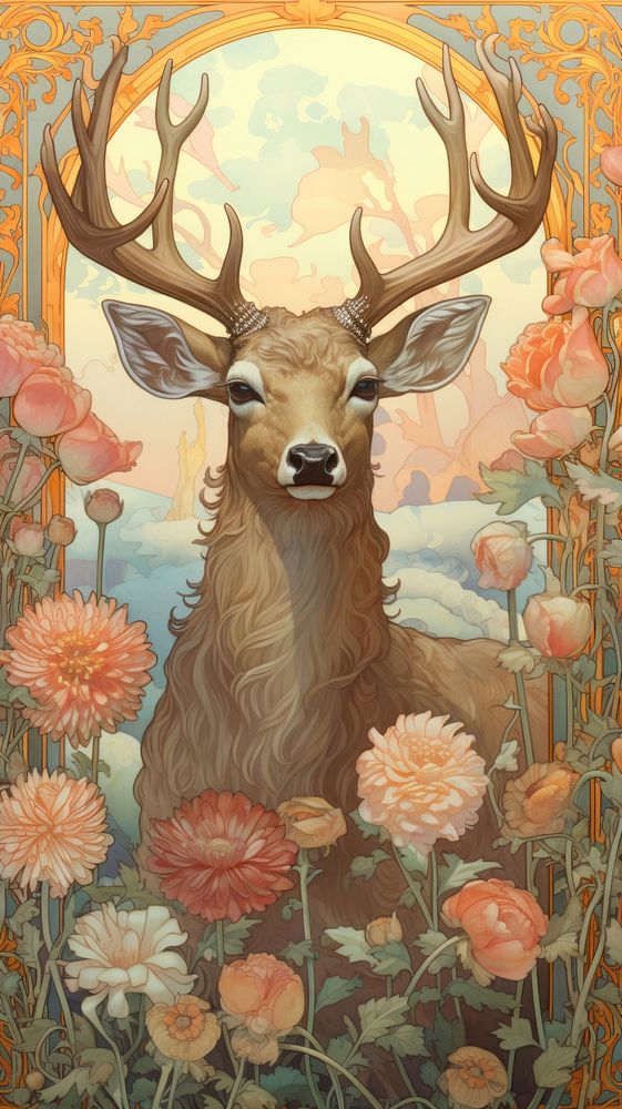 An art nouveau drawing of a deer in flower field wildlife painting animal.