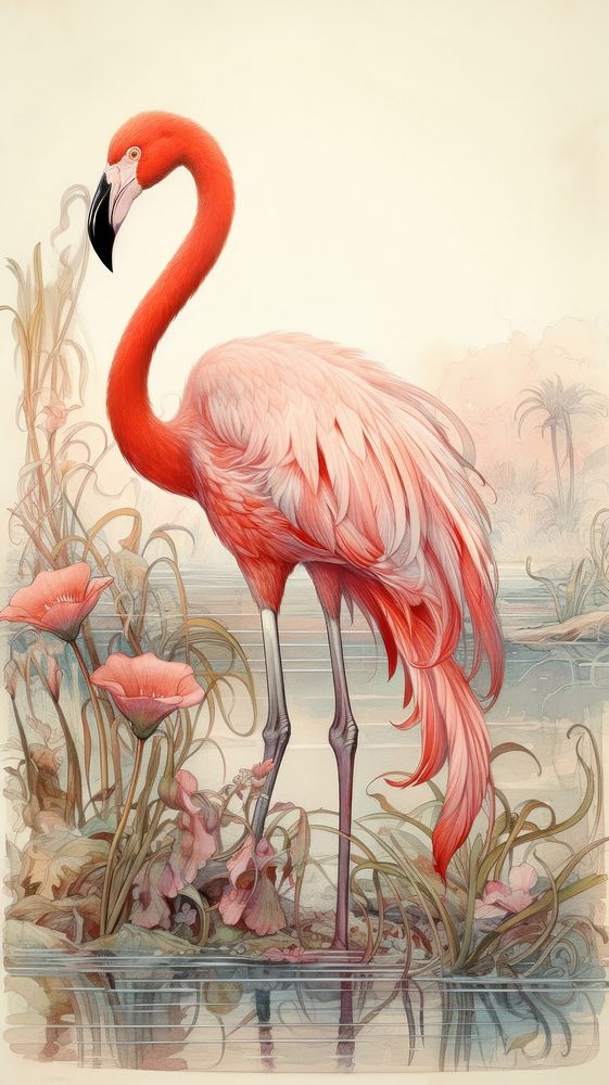 An art nouveau drawing of a flamingo on landscape animal bird wildlife.