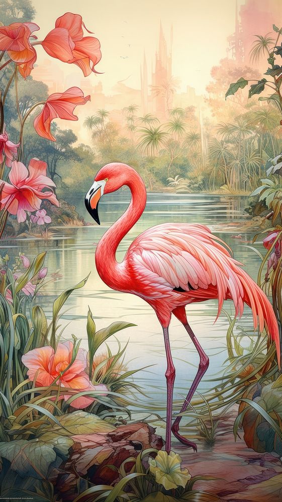 An art nouveau drawing of a flamingo on landscape animal bird proteales.