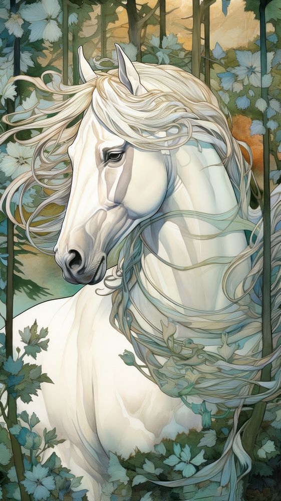 An art nouveau drawing of a horse In the forest animal mammal representation.