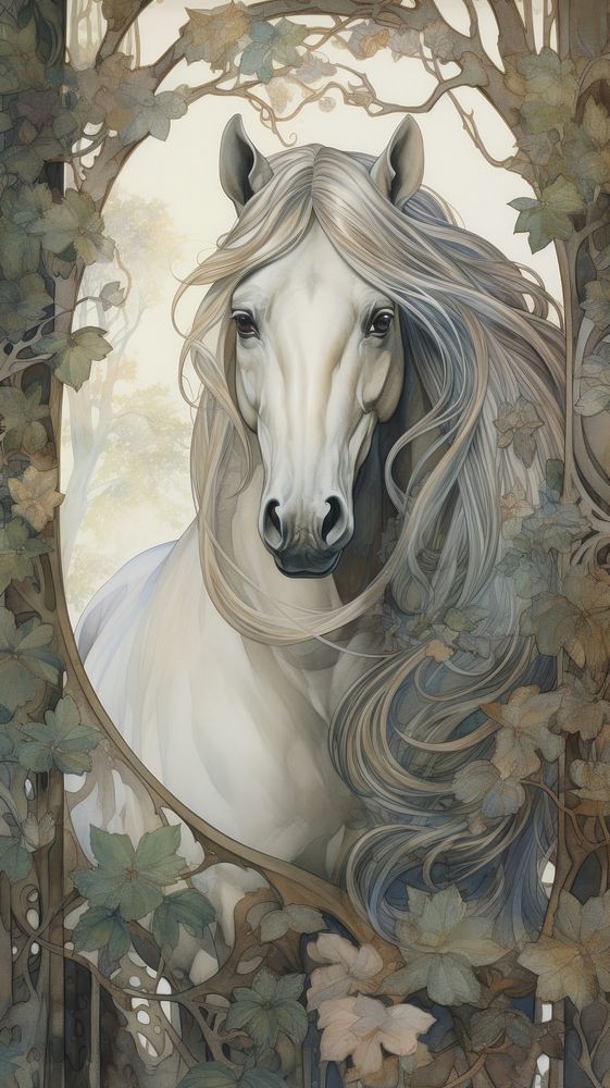 An art nouveau drawing of a horse In the forest painting animal mammal.