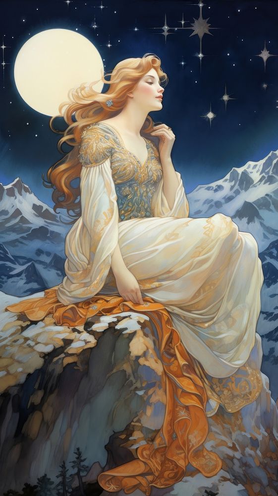 An art nouveau drawing of a mountain with moon astronomy nature fairy.