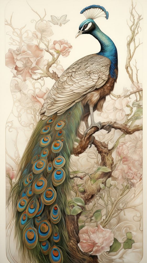 An art nouveau drawing of a peacock on landscape painting animal bird.