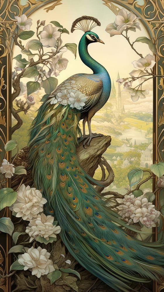 An art nouveau drawing of a peacock on landscape painting animal bird.