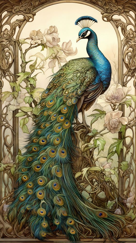An art nouveau drawing of a peacock on landscape animal bird representation.