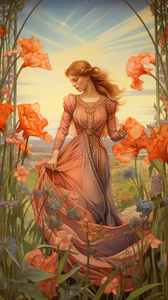 An art nouveau drawing of a woman in flower field painting fairy plant.