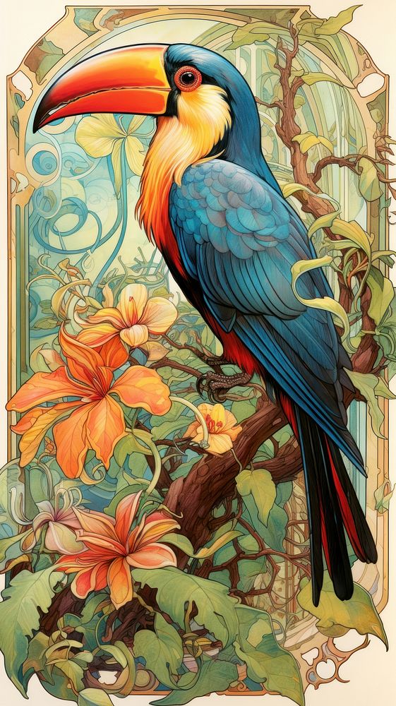 An art nouveau drawing of a tucan painting animal toucan.