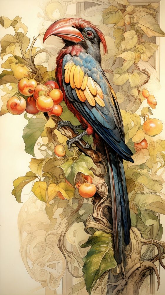 An art nouveau drawing of a tucan painting animal bird.