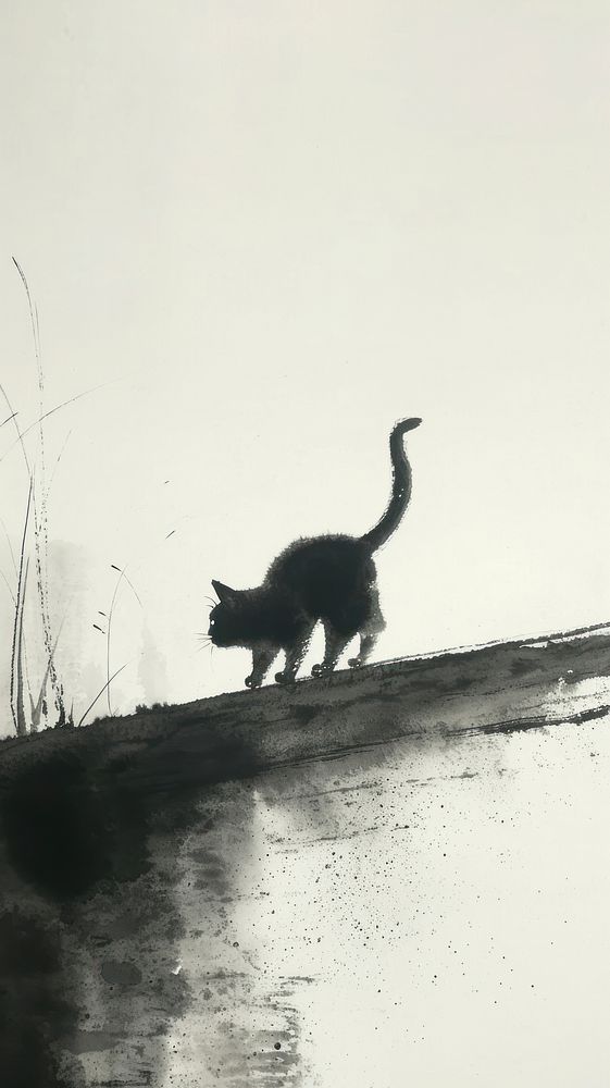 Black cat walking on rooftop silhouette outdoors animal.