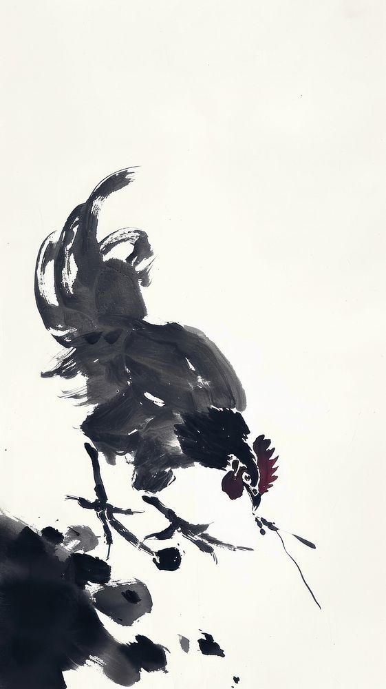 Chicken eating food paint art ink.