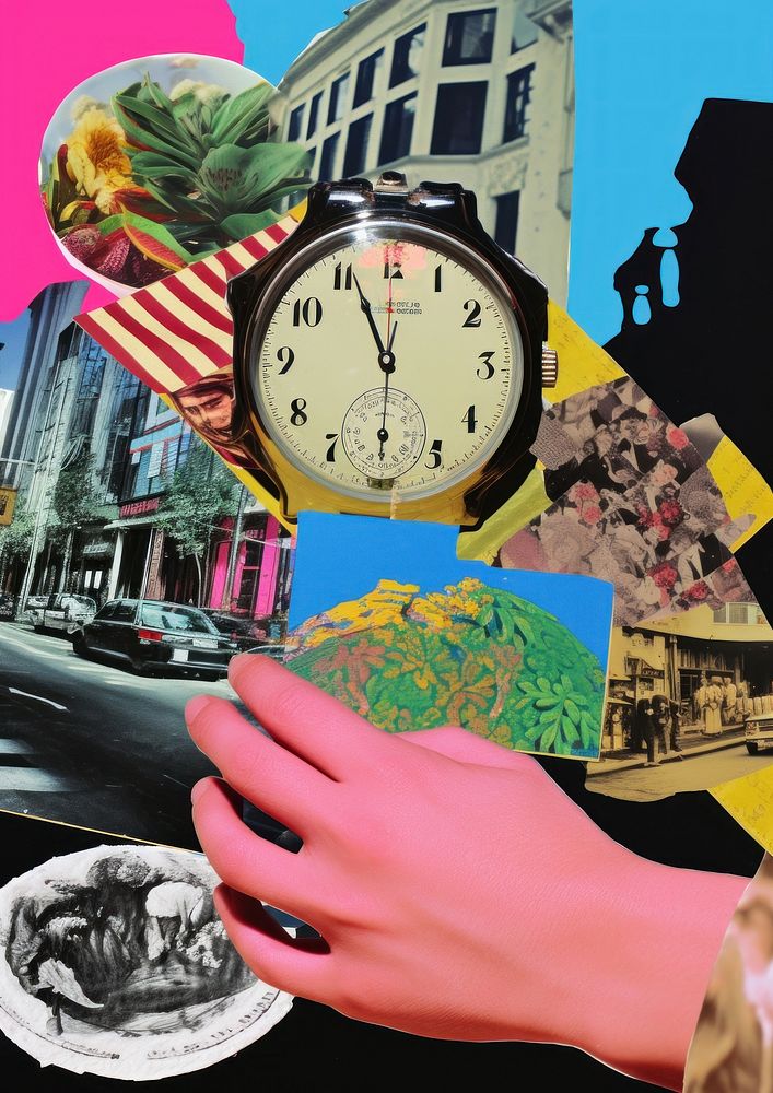 Hand holding a clock collage paper art.