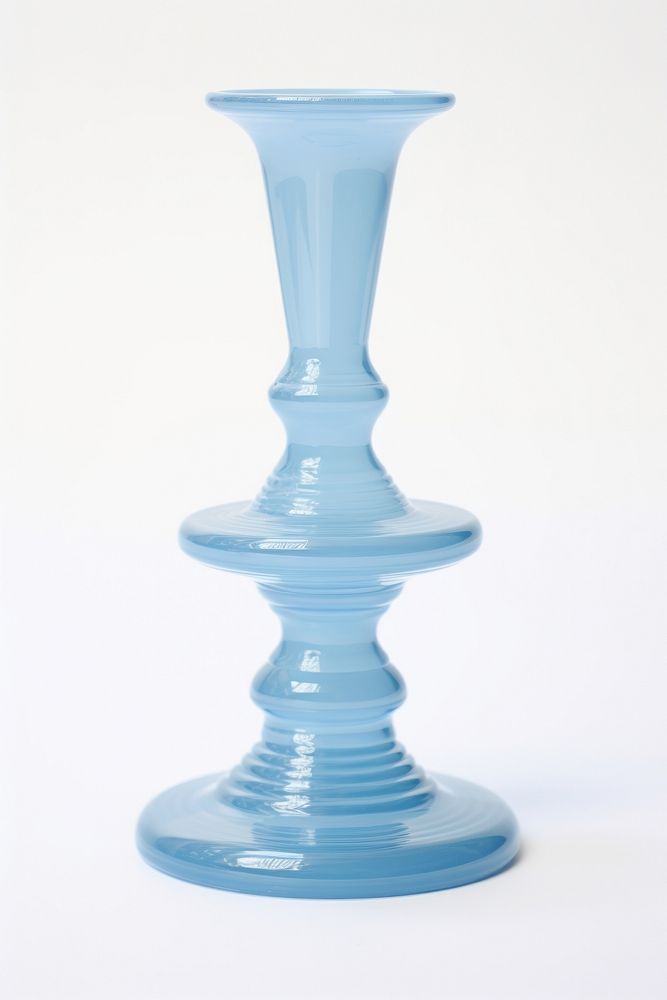 Baby blue retro glass candlestick holder vase white background drinkware.