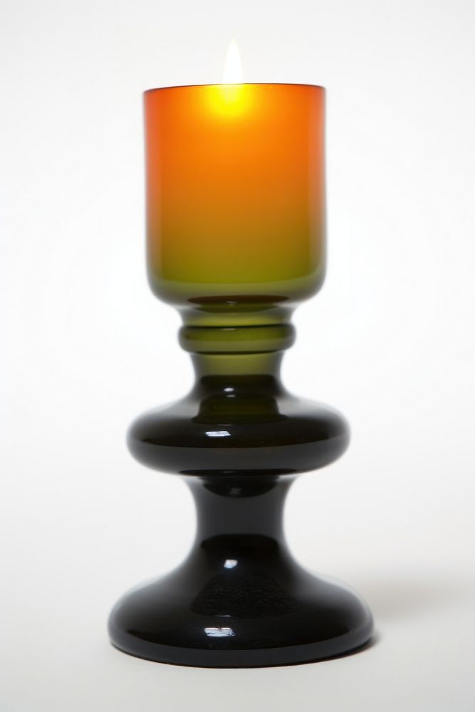 Gradient black transparent retro glass candlestick holder white background lighting glowing.