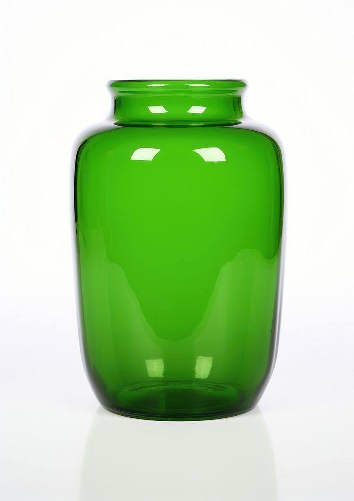 Budget green glass retro vase bottle jar white background.