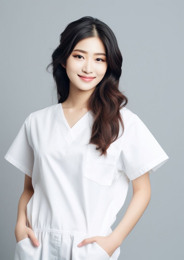 Asian women wearing white medical scrubs suits portrait sleeve adult.