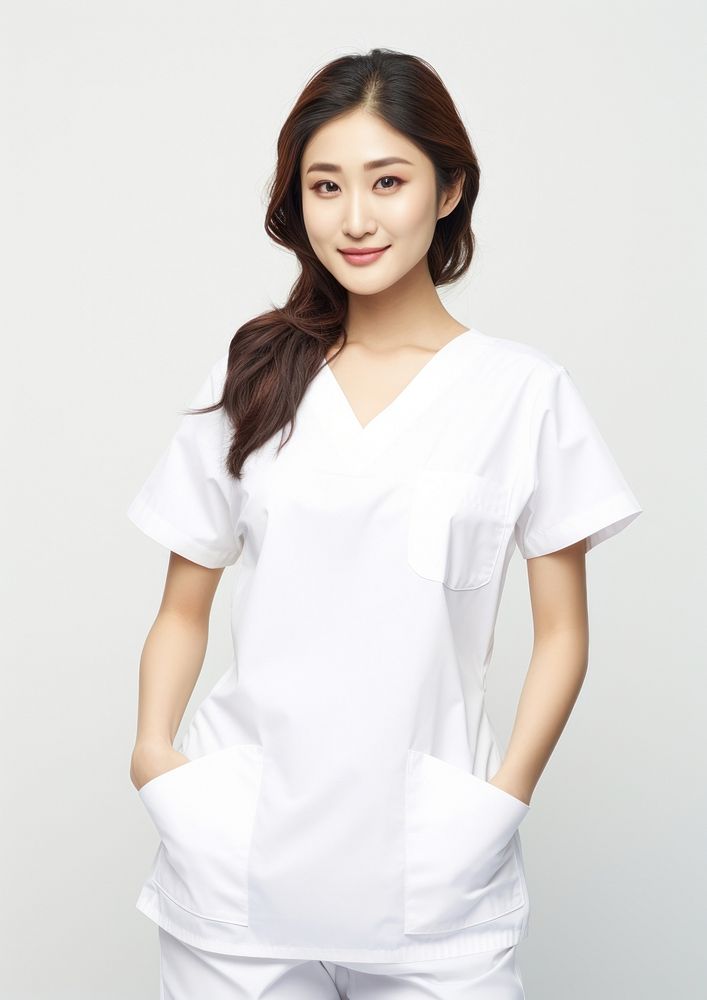 Asian women wearing white medical scrubs suits portrait sleeve blouse.
