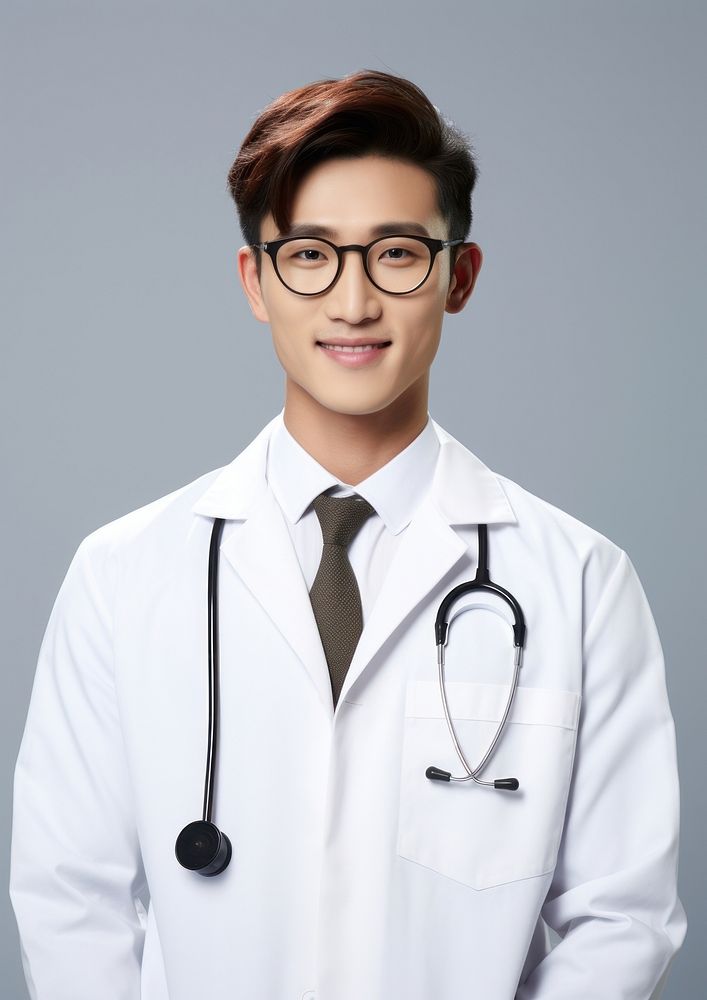 Glasses asian men wearing medical doctor white coat portrait white background stethoscope.