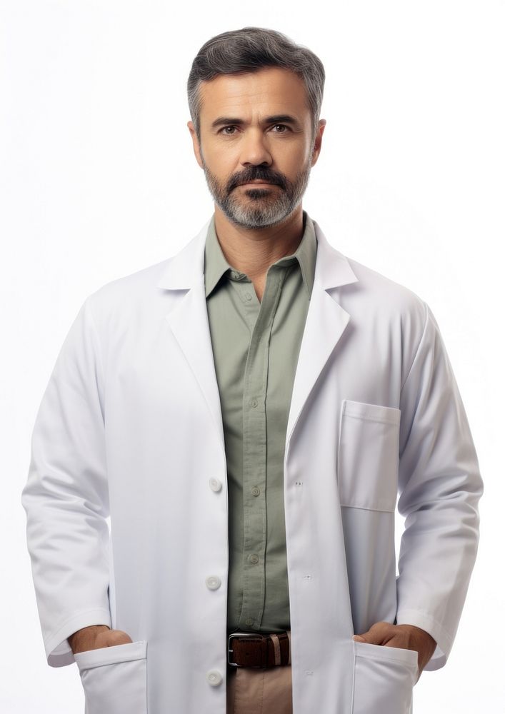 Latin men wearing medical doctor white coat portrait shirt white background.