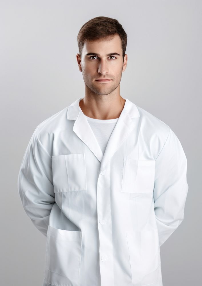 White men wearing white medical scrubs suits portrait shirt adult.
