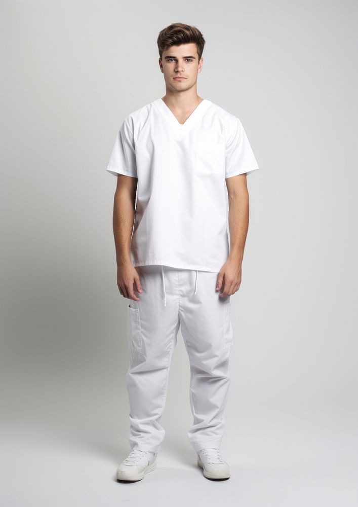White men wearing white medical scrubs suits portrait standing adult.