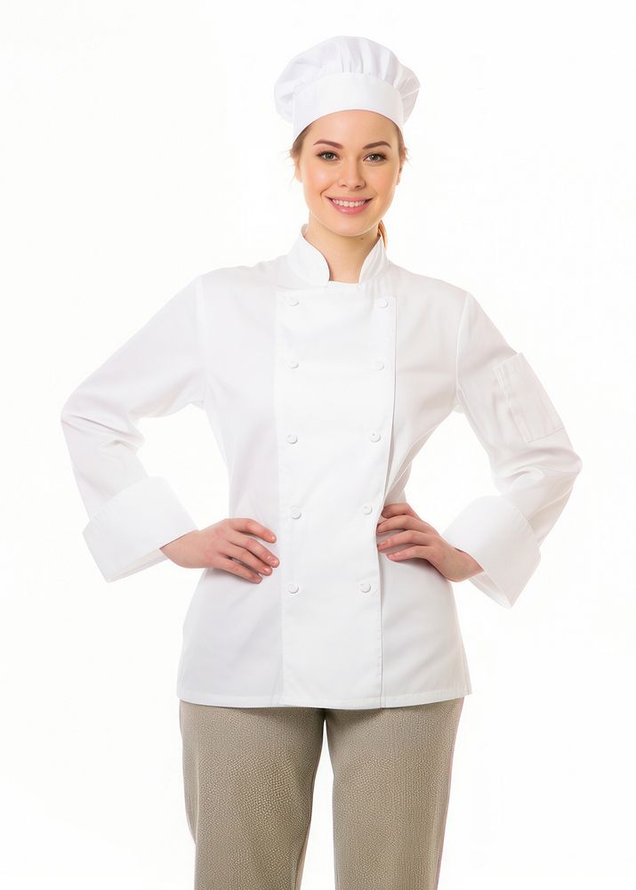 White women wearing white chef uniform portrait white background outerwear.
