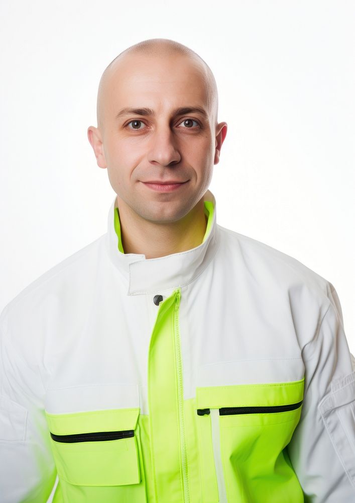 White man wearing white engineer fluorescent jacket uniform portrait adult photo.